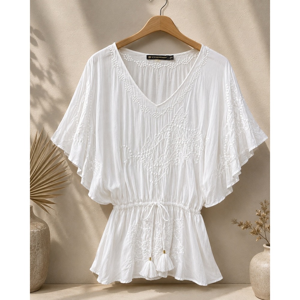 Vix Paula Hermanny White Embroidered Tassel Drawstring Cover-Up Blouse Womens M